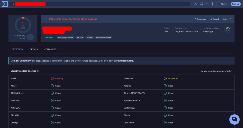 Virus Total ukázka po urgování databází o ověření domény
