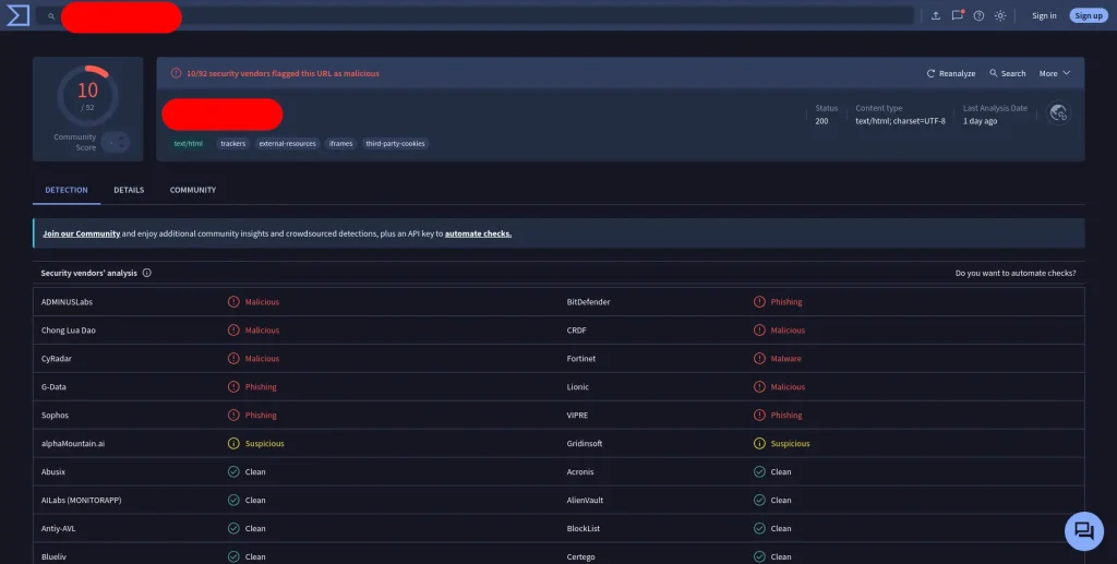 Virus total ukazka nebezpecneho webu